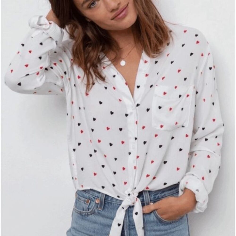 Rails Val Crush Button Down‎ Blouse Heart Print Tie Front White Red Black Medium